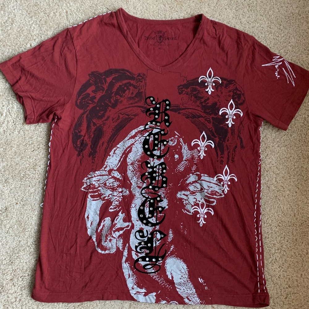 Rebel Spirit Embroidered Men’s V-Neck Burgundy T-Shirt